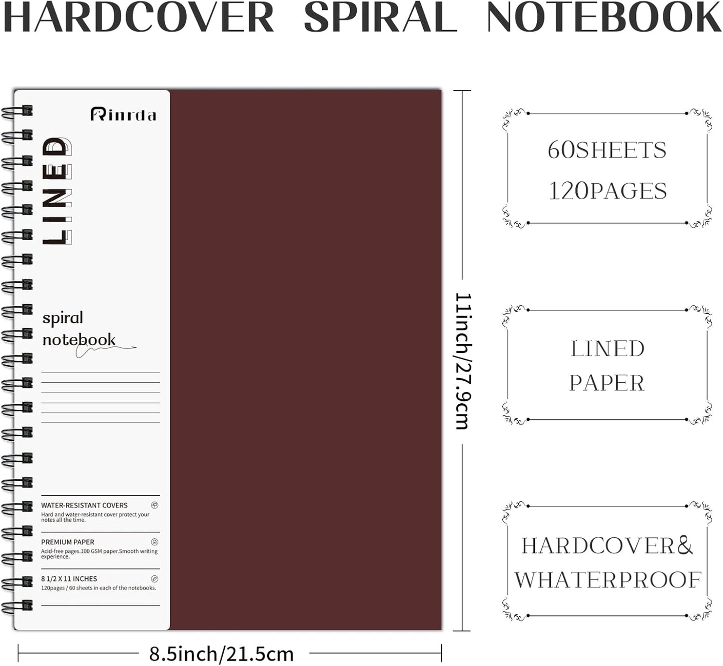 Lined Notebook Spiral Notebook 8.5" x 11"-4 Pack Large Journal Hardcover Notebook 7mm College Ruled Notebook 120 Pages 100 GSM Thick Hardcover Journal for School (LINED, Mult-color)