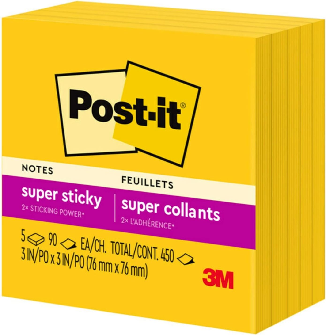 Post-it Super Sticky Notes, 5 Sticky Note Pads, 3 x 3 in., School Supplies, Office Products, for Vertical Surfaces, Monitors, Walls and Windows, First Snow White