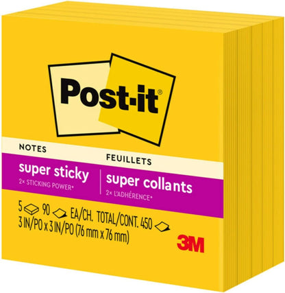 Post-it Super Sticky Notes, 5 Sticky Note Pads, 3 x 3 in., School Supplies, Office Products, for Vertical Surfaces, Monitors, Walls and Windows, First Snow White
