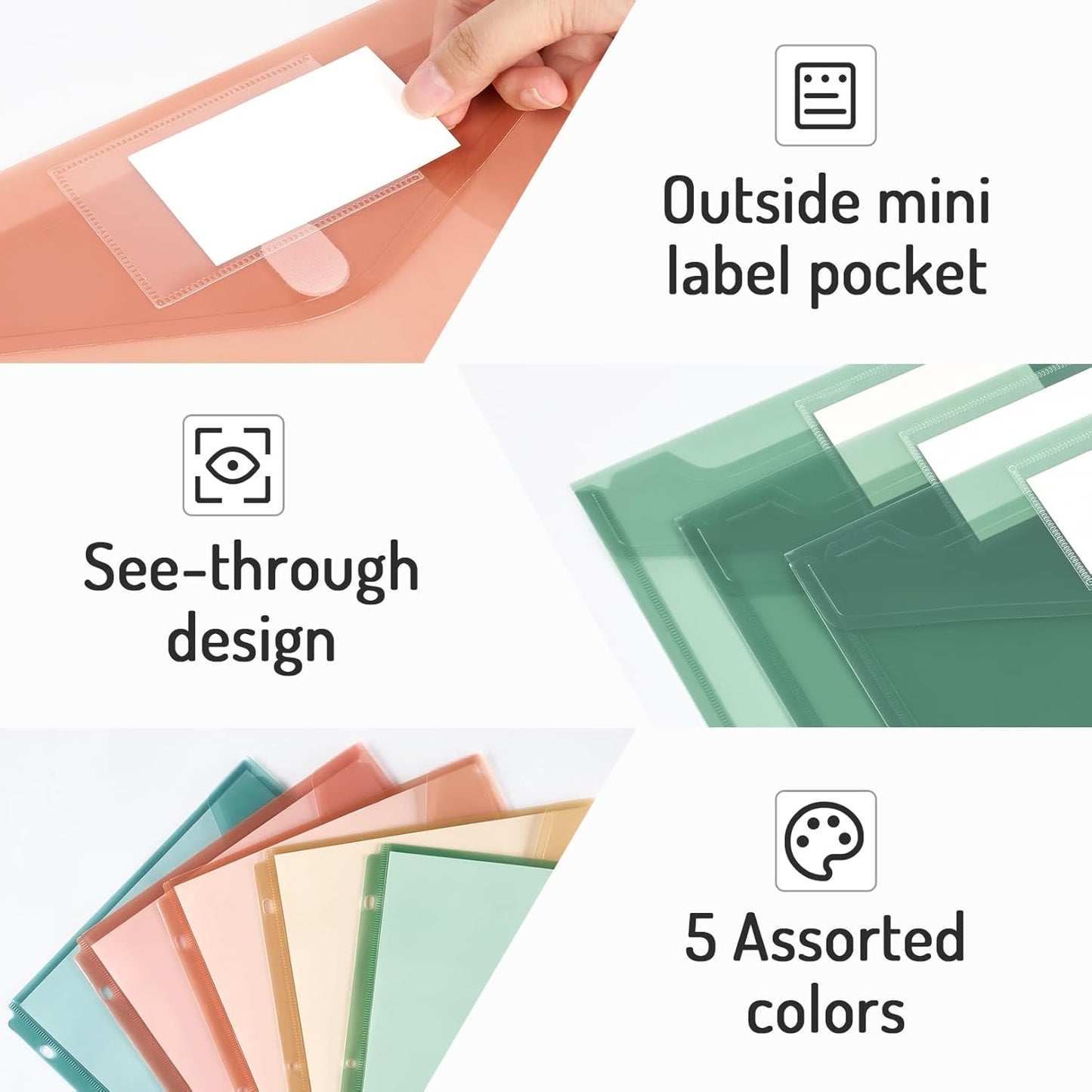 Forvencer Binder Pocket, 10 Pack Super Heavyweight Plastic Folders with Tight Closure, Binder Folders Side Loading, 3 Ring Binder Pocket, Binder Dividers with Pockets, Letter Size, Pastels Series