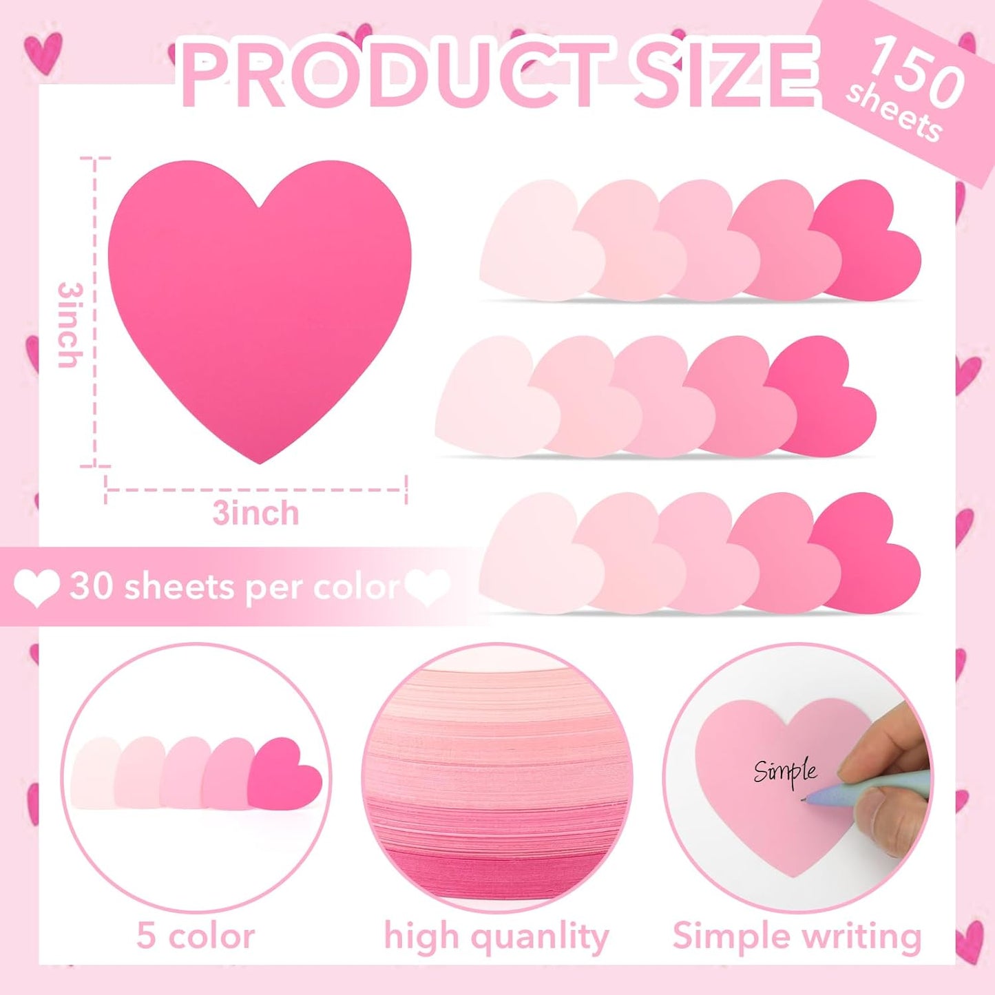 150 Pcs Heart Index Cards - Pink, 3x3 Colored Note Cards for School, Learning, Office, Games