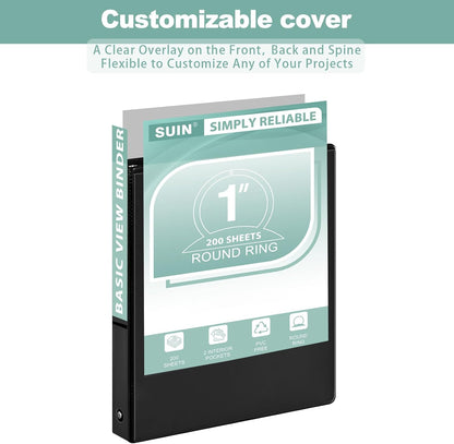 SUIN1-Inch 3-Ring-Binder, Customizable Clear View Cover, for US Letter Size 8-1/2 x 11'', Perfect for Office/School (Black - 12 Packs)