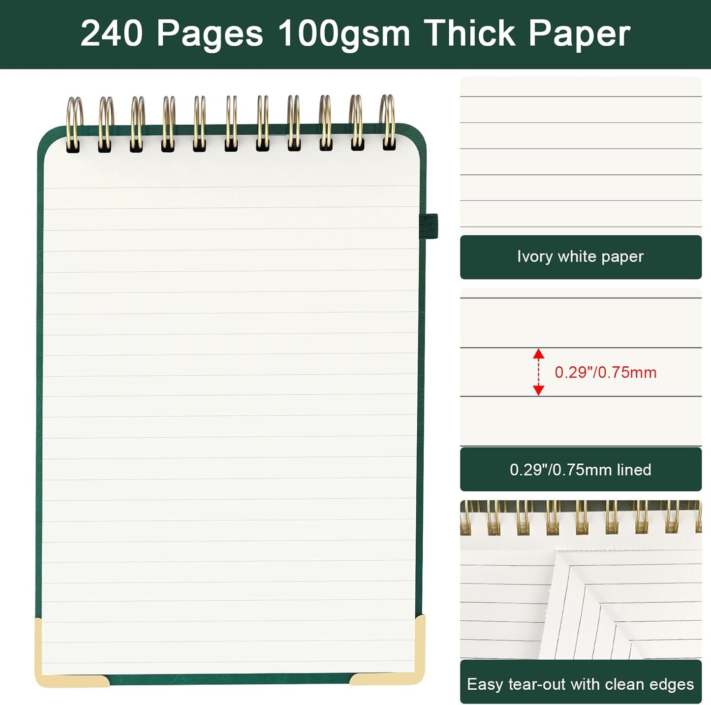A5 Top Spiral Notebook, Large Leather Hardcover Top Bound Steno Pads, 240 Pages 100 gsm Thick Lined Paper Left Handed Notebook Journal for Work, School, Meeting Writing - Brown, 5.9" x 8.5"