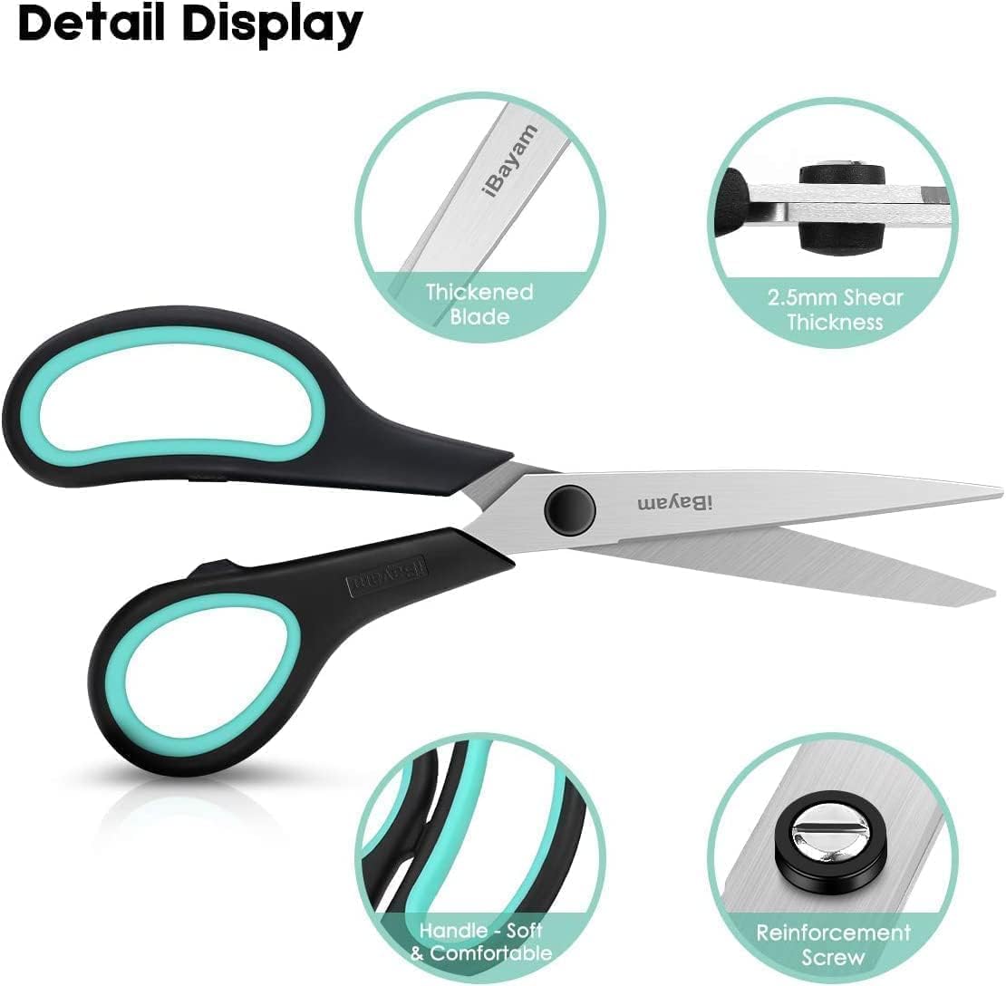 Scissors, iBayam 8" All Purpose Scissors Bulk 3-Pack, Ultra Sharp 2.5mm Thick Blade Shears Comfort-Grip for Aesthetic Fun Cute School Office Teacher Desk Crafts and Art Supplies Accessories Essential