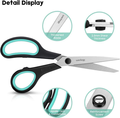 Scissors, iBayam 8" All Purpose Scissors Bulk 3-Pack, Ultra Sharp 2.5mm Thick Blade Shears Comfort-Grip for Aesthetic Fun Cute School Office Teacher Desk Crafts and Art Supplies Accessories Essential