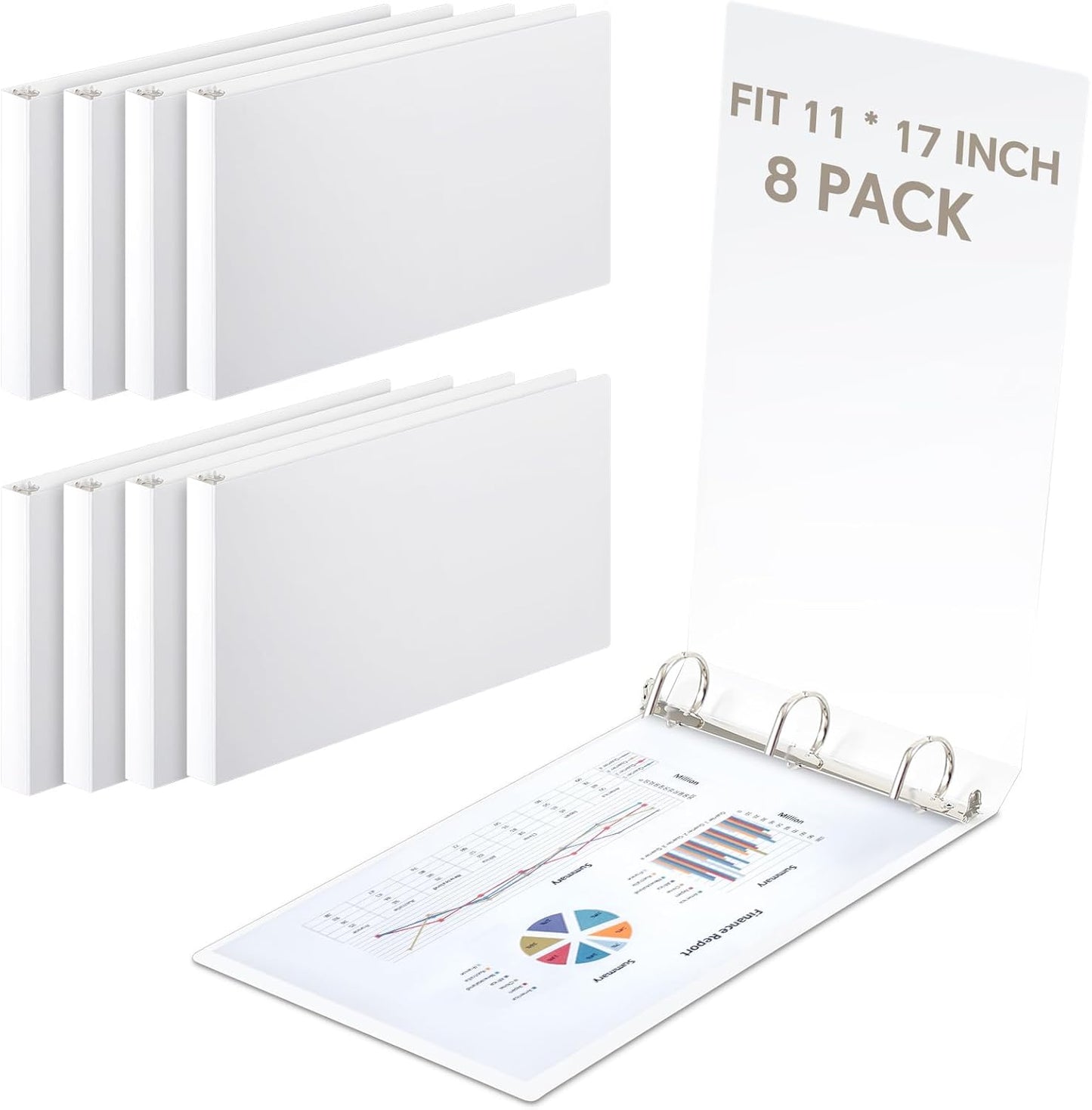 8 Pcs 3 Ring Binders Rings Heavy Duty View D Ring Binders Economy Holds 11" x 17" Paper for Artwork Blueprints, Office, Home, Work Places(White,3 Inch)