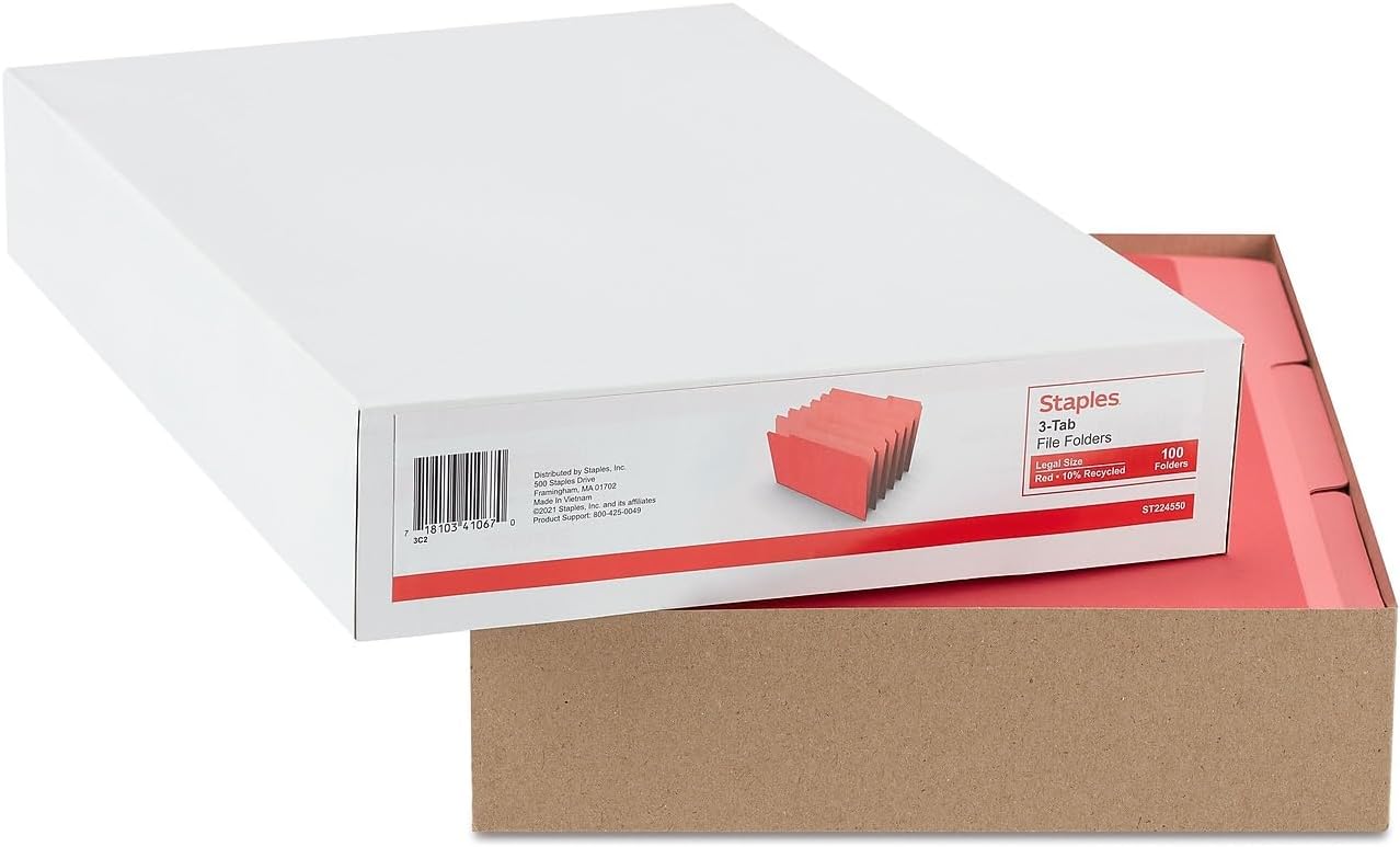Staples Recycled File Folders, Legal Size, 1/3‑Cut Tabs, Manila, 30% Recycled Paper Stock, 100/Box