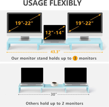 TAVR Dual Monitor Stand Riser Office Desktop Organizer Stand for 2 Monitors, Adjustable Length and Angle 3 Shelf, Extra Long Multifunctional Wooden Stand up to 43.3" fit Computer, Laptop, TV, Black