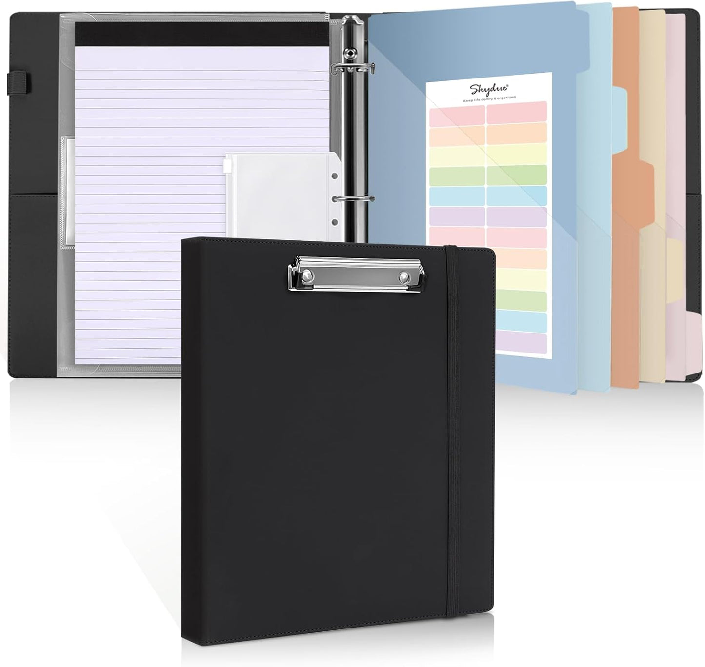 SKYDUE 3 Ring Binder with Clipboard,1 Inch Binder, 13.2" × 10.2" PU Clipboard Binder with Notepad & 5 Dividers with 5 Pockets, Labels, Clipboard Folder Great for School Office(Fit Letter Sized Paper)