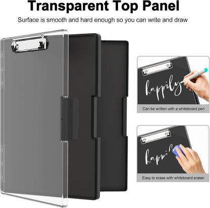 Piasoenc Clipboard with Storage, 8.5 x 11 Clip Boards with 2 Storage Case and A4 Paper Folder, Clear Dry Erase Top Panel, Heavy Duty Plastic, Folio & Side Opening, for Nurses, Teachers, Lawers,Black