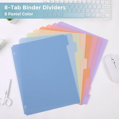 SKYDUE 8 Tab Durable Plastic Dividers, Big Tab Dividers for 3 Ring Binder, Letter Size,Write & Erase Binder Dividers with Tabs, with Sticker Labels, 1 Set, Aesthetic Pastels Binder Dividers