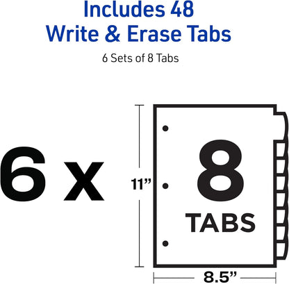 Avery Write & Erase 8 Tabs Plastic Divider for 3 Ring Binders, 3 Sets (8 Colors)