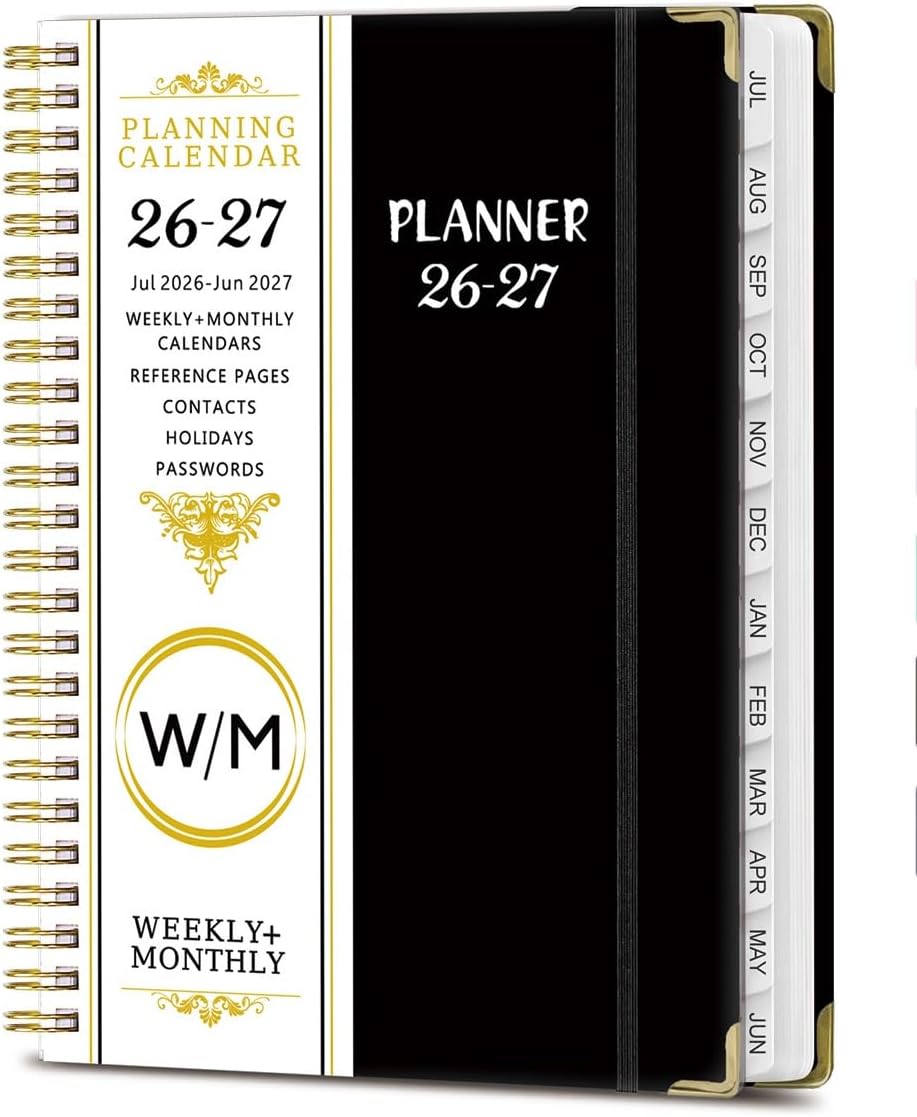 Weekly and Monthly Planner 2026-2027, Jul 2026-Jun 2027, A5 Spiral Notebook with Monthly Tabs, Holidays, Contacts, Black