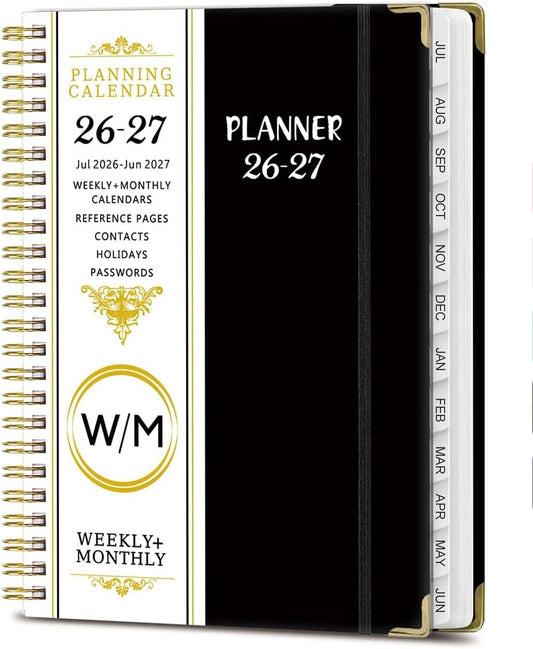Weekly and Monthly Planner 2026-2027, Jul 2026-Jun 2027, A5 Spiral Notebook with Monthly Tabs, Holidays, Contacts, Black