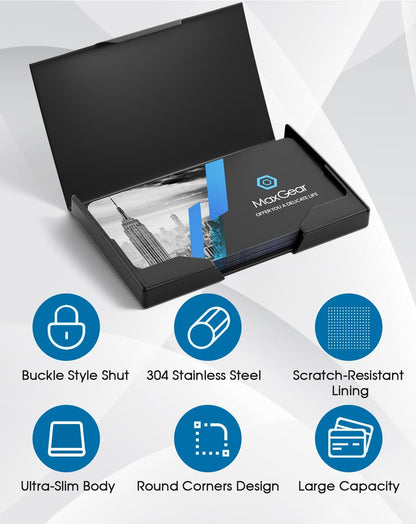 MaxGear Metal Business Card Holder for Men & Women, Professional Stainless Steel Card Case for Business Cards, Slim Purse Name Card Holders with Interior Lining, Buckle Style Shut, Black