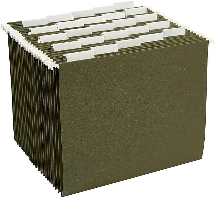 Staples Hanging File Folders, Letter Size, 1/5‑Cut Tabs, Standard Green, Includes Tabs & Paper Inserts – 25/Pack