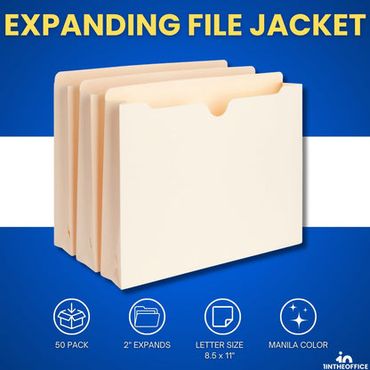 1InTheOffice File Jacket Folders, Manila, Letter Size, Reinforced Straight-Cut Tab, 1" Expansion, 50 Pack