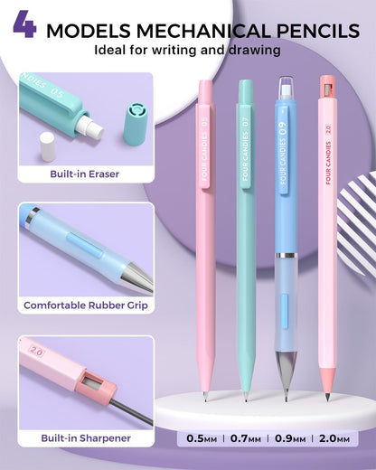 Four Candies 42PCS Aesthetic School Supplies, Mechanical Pencil Set 0.5mm, 0.7mm, 0.9mm, 2.0mm with 696 Lead Refills, Pastel Mechanical Pencils for Writing, Drawing & Drafting (Cream)