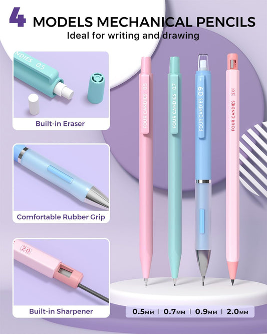 Four Candies 42PCS Aesthetic School Supplies, Mechanical Pencil Set 0.5mm, 0.7mm, 0.9mm, 2.0mm with 696 Lead Refills, Pastel Mechanical Pencils for Writing, Drawing & Drafting (Cream)