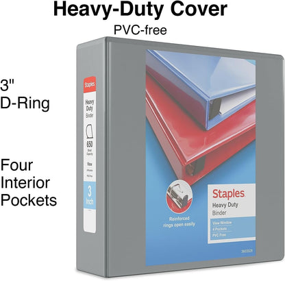 Staples Heavy-Duty 2-Inch D-Ring View Binder, Reinforced Spine, Holds Up to 450 Sheets, Gray, for Office & School