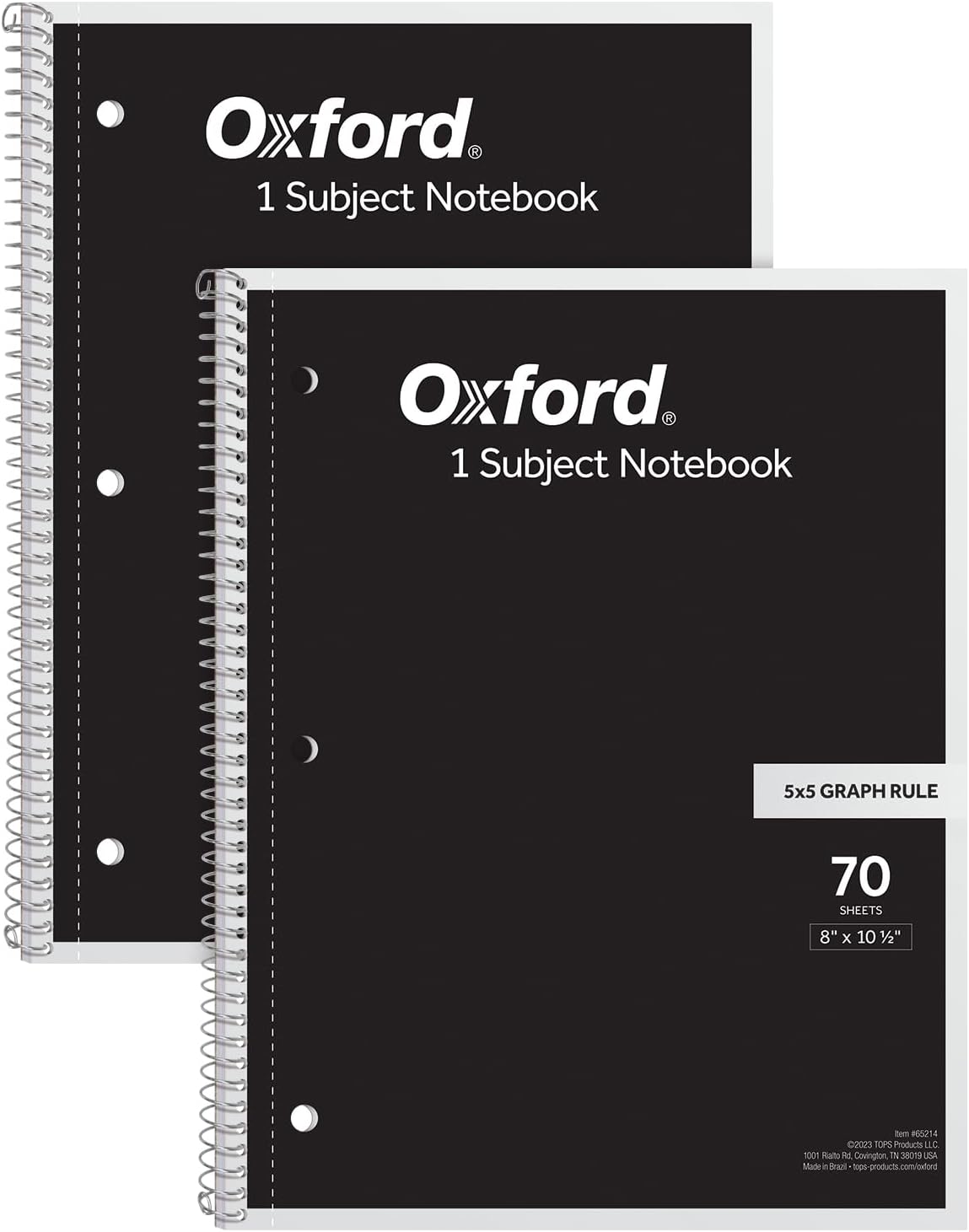 Oxford Spiral Notebook 2 Pack, 1 Subject School Pads, 3-Hole Punch, 5 x 5 Inch Graph Paper, 8-1/2 x 10-1/2 Inches, Black Covers, 70 Perforated Sheets (65214)