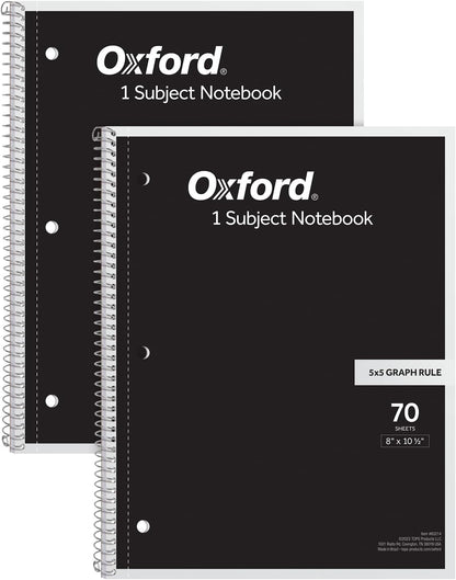 Oxford Spiral Notebook 2 Pack, 1 Subject School Pads, 3-Hole Punch, 5 x 5 Inch Graph Paper, 8-1/2 x 10-1/2 Inches, Black Covers, 70 Perforated Sheets (65214)