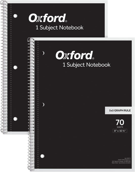 Oxford Spiral Notebook 2 Pack, 1 Subject School Pads, 3-Hole Punch, 5 x 5 Inch Graph Paper, 8-1/2 x 10-1/2 Inches, Black Covers, 70 Perforated Sheets (65214)