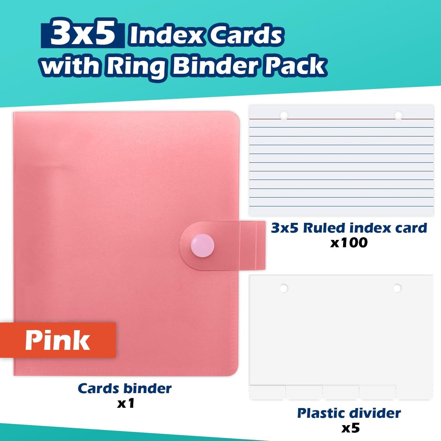 3x5 Lined Index Cards with Ring Binder Holder and Dividers, 100 Ruled Cards, Blue