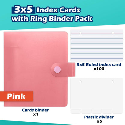 3x5 Lined Index Cards with Ring Binder Holder and Dividers, 100 Ruled Cards, Blue