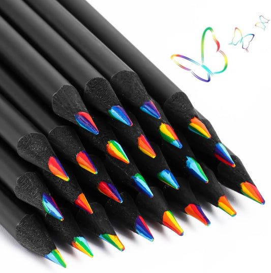 12 Pcs Rainbow Pencils with Sharpener, 7 Color in 1, Black Wooden, Art Supplies for Kids & Adults, Birthday Pencils