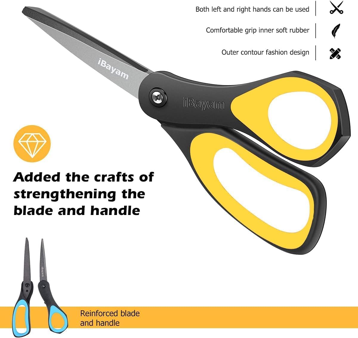 Scissors, iBayam 8" All Purpose Scissors Bulk 3-Pack, Ultra Sharp 2.5mm Thick Blade Shears Comfort-Grip for Aesthetic Fun Cute School Office Teacher Desk Crafts and Art Supplies Accessories Essential