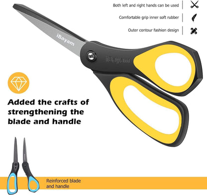 Scissors, iBayam 8" All Purpose Scissors Bulk 3-Pack, Ultra Sharp 2.5mm Thick Blade Shears Comfort-Grip for Aesthetic Fun Cute School Office Teacher Desk Crafts and Art Supplies Accessories Essential