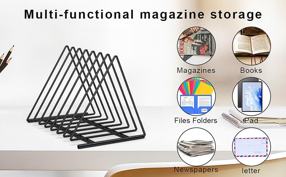 Triangle Desk File Organizer, 7 Slots Metal File Sorter Magazine Holder Document Rack,Desktop Bookshelf Organizer for Office Home School,Black