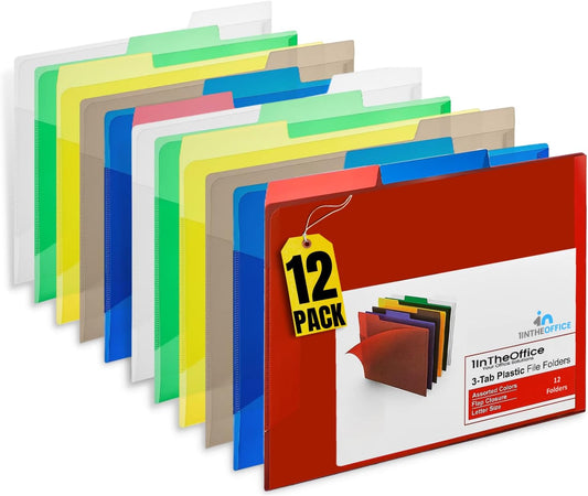 1InTheOffice Plastic File Folders, Poly File Folders, Translucent Poly File Folders, 1/3-cut, Top Tabs, Letter Size, Assorted, 12/Pack