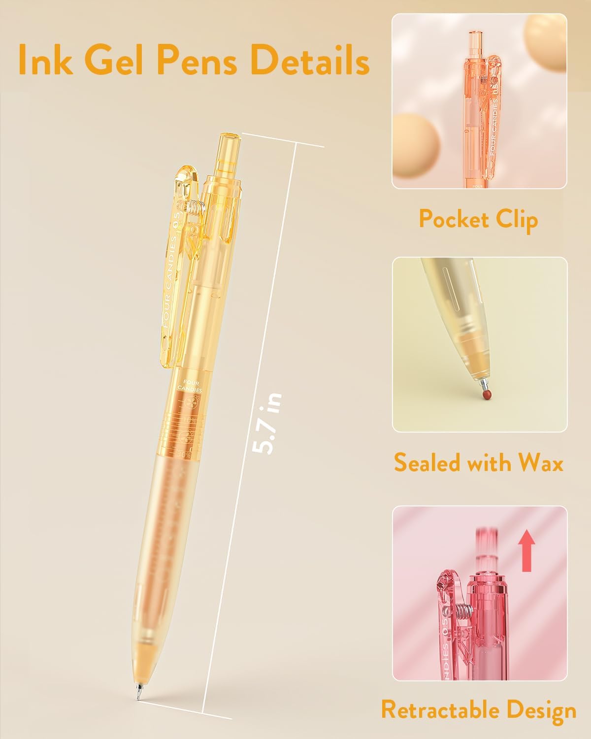 Four Candies 12Pack 0.5mm Quick Dry Retractable Gel Pen Set, Cute Transparent Fine Point Multicolor Note Taking Aesthetic lnk Pens, Comfort Grip 12 Ink Colors Drawing Writing School Office Home