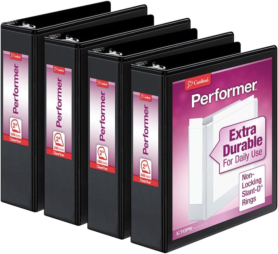 Cardinal Performer 3-Ring Binders, 2", Non-Locking Slant-D Rings, 540-Sheet Capacity, ClearVue Presentation, Non-stick, PVC-Free, Black, 4-Pack (27501)