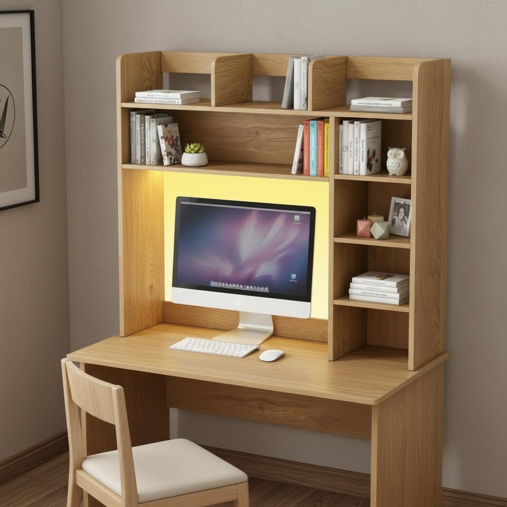 Tangkula Desktop Bookshelf, Countertop Storage Hutch with 5 Shelves for Computer Desk, Desk 3-Tier Display Rack, Multipurpose Wood Desktop Hutch Storage Organizer for Dorm Office Home