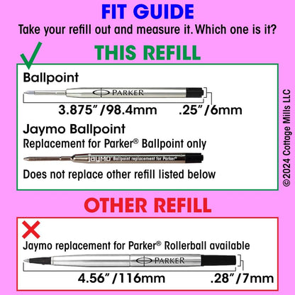 Jaymo Replacement for Parker 30525PP/30526PP and Bastion - Measures 3.875 in / 98 mm Long - G2 Gel Ballpoint Pen Refill - 2 Black + 2 Blue + Red + Purple