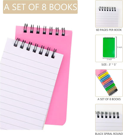 KTOJOY 8 Pack Pocket Notebook Small 3x5 Spiral Notepads With Lined Pages, Small Top Spiral Notebook Little Mini Memo Steno Note Pads for Outdoor Home Office College School