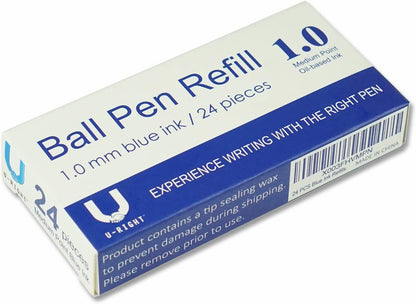U-RIGHT 24 Pcs Ballpoint Pen Refills 1.0 mm Point Black Ink