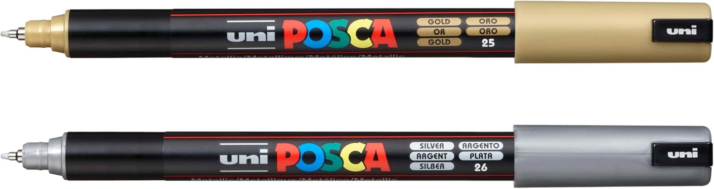 Authentic Posca Marker Set, 2 Silver & Gold Professional Grade Posca Paint Markers with 1MR Extra Fine Tip
