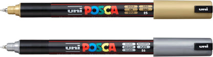 Authentic Posca Marker Set, 2 Silver & Gold Professional Grade Posca Paint Markers with 1MR Extra Fine Tip