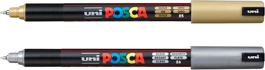 Authentic Posca Marker Set, 2 Silver & Gold Professional Grade Posca Paint Markers with 1MR Extra Fine Tip