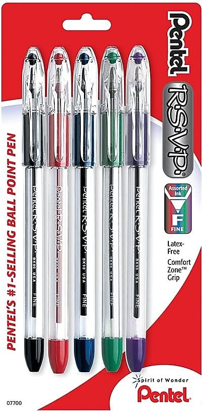 Pentel RSVP Ballpoint Pen, (0.7mm), Fine Line, Black Ink, Pack of 5 (BK90PF5A)