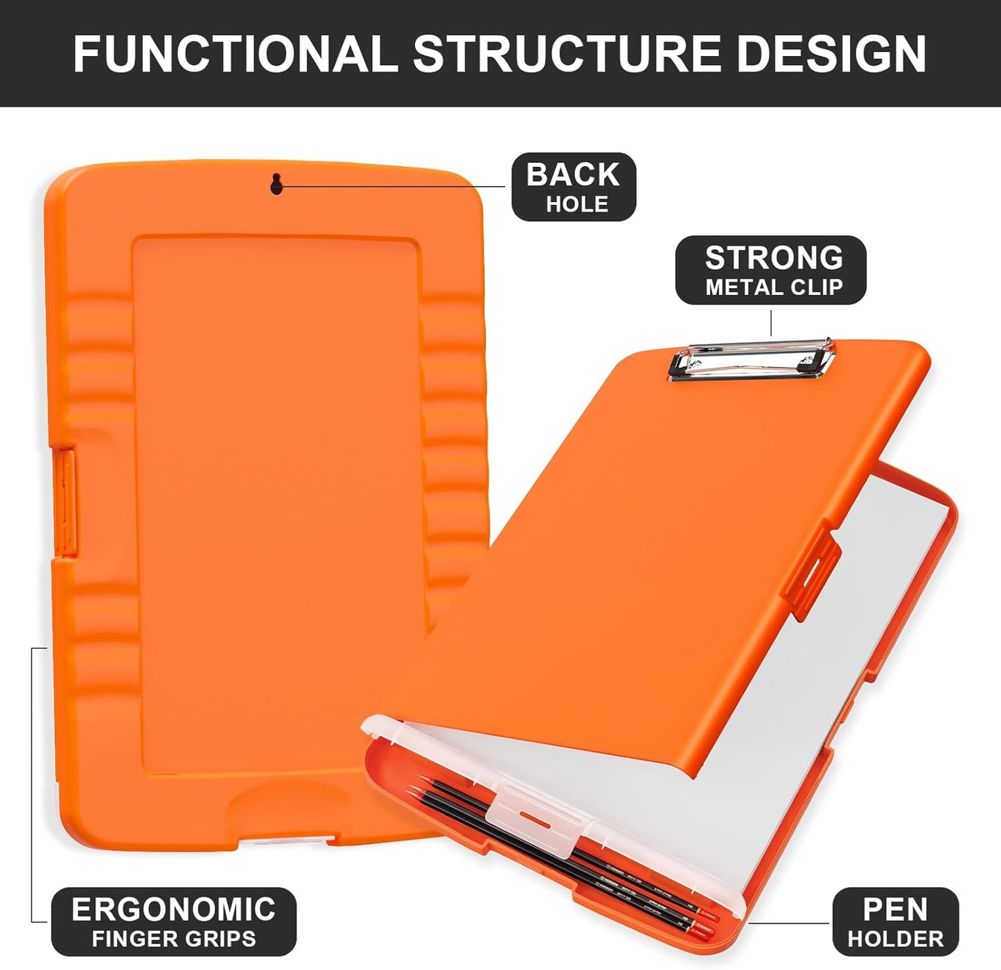 Plastic Clipboard with Storage, 8.5 x 11 Storage Organization Box Side-Opening, Heavy Duty Clip Board with Pen Holder and Paper Folder for Nurses, Teachers, Office & School Supply, Orange