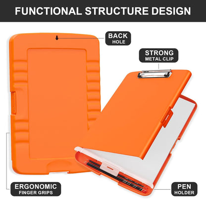 Plastic Clipboard with Storage, 8.5 x 11 Storage Organization Box Side-Opening, Heavy Duty Clip Board with Pen Holder and Paper Folder for Nurses, Teachers, Office & School Supply, Orange