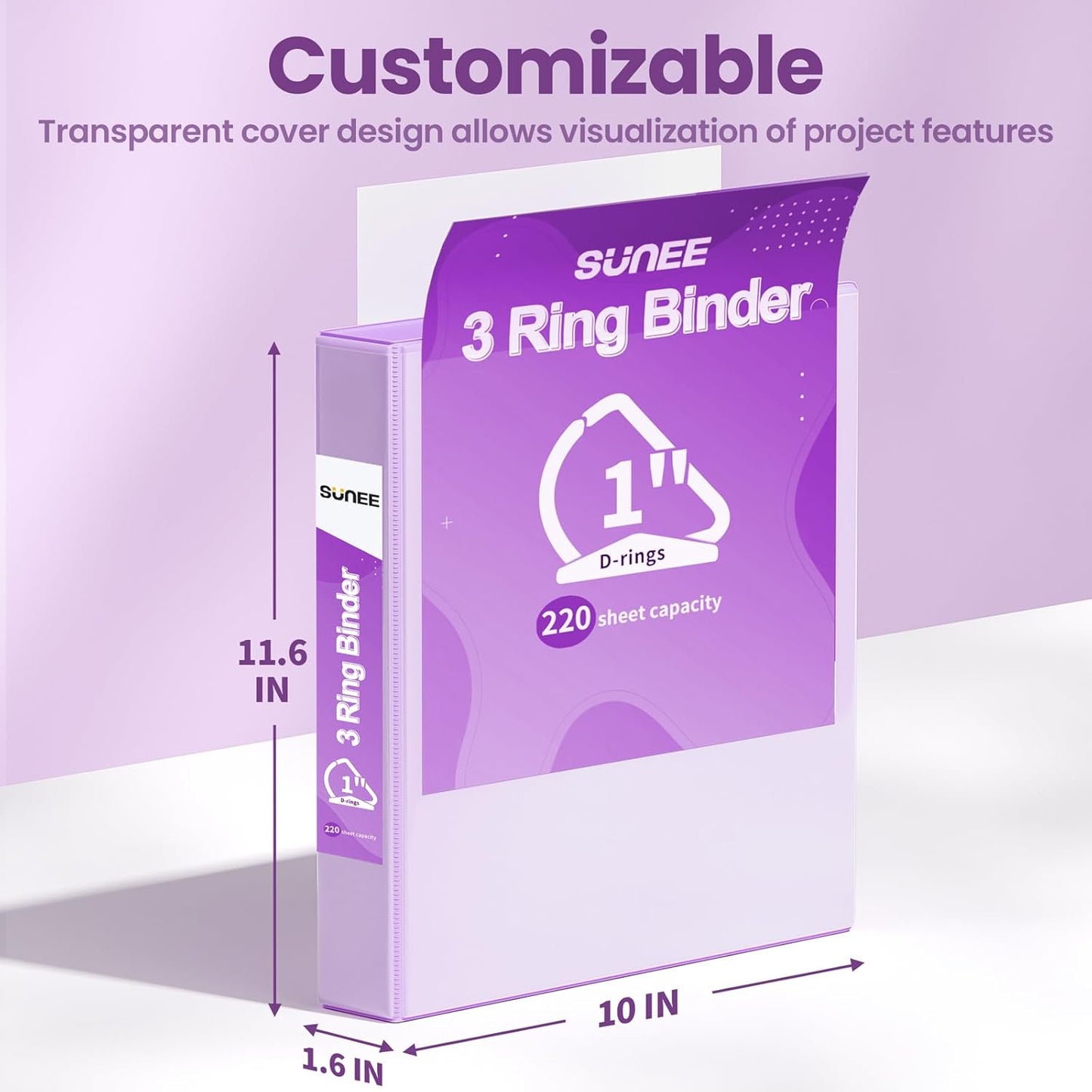 SUNEE 3 Ring Binder 2 Inch, Clear View Binder Three Ring PVC-Free (Fit 8.5x11 Inches) for School or Office Supplies, Light Purple, 1 Pack