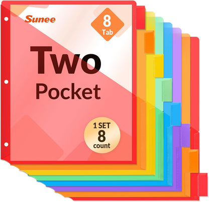 SUNEE 8 Tab Dividers with Pockets, Plastic Dividers for 3 Ring Binder, Subject Dividers with 2 Pockets, Binder Dividers for School Office Home Supplies, Multicolor, 1 Set