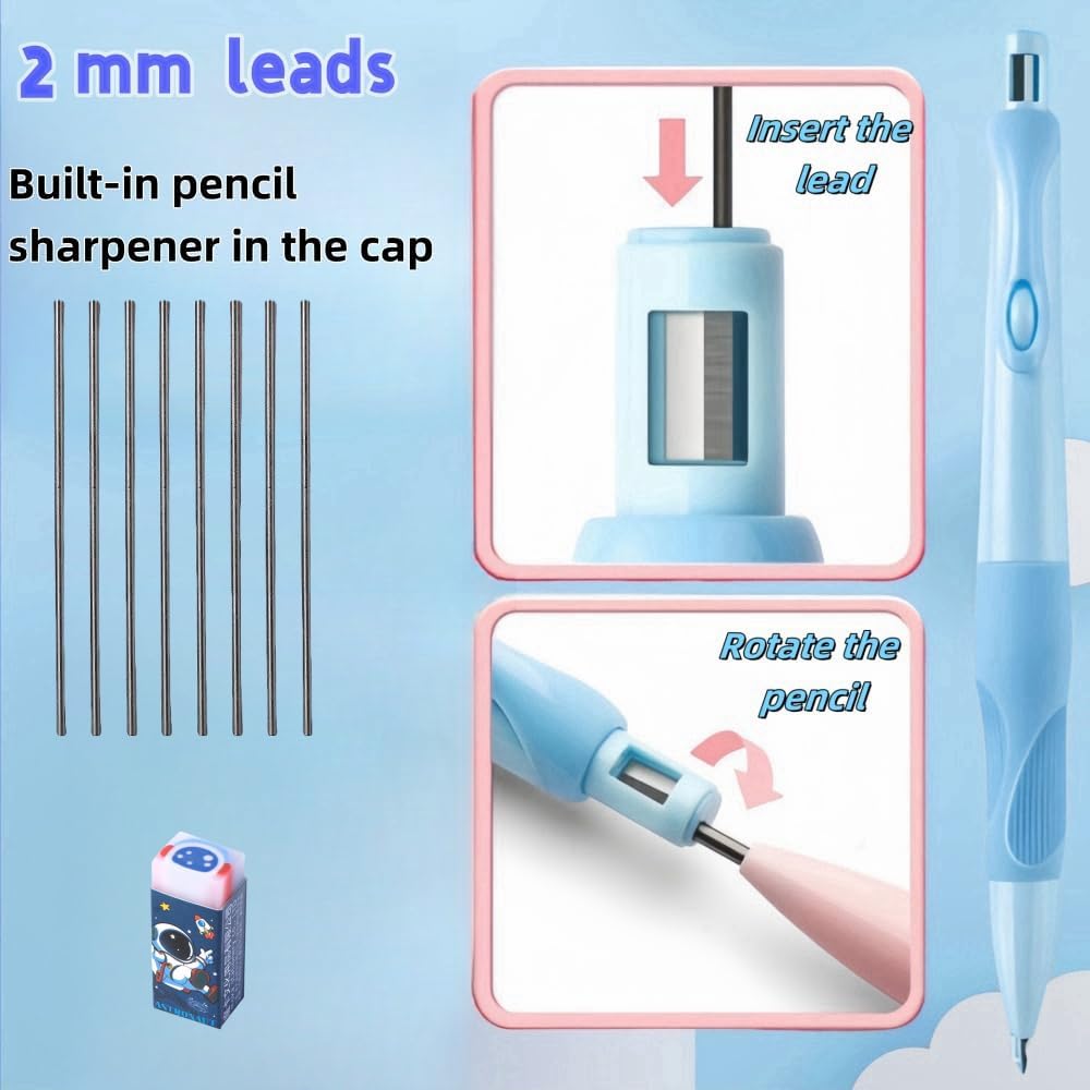 Handwriting thick mechanical pencils with grip: 2.0MM HB Pencil for kids with 14 leads (6 pack)