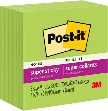 Post-it Super Sticky Notes, 5 Sticky Note Pads, 3 x 3 in., School Supplies, Office Products, for Vertical Surfaces, Monitors, Walls and Windows, First Snow White